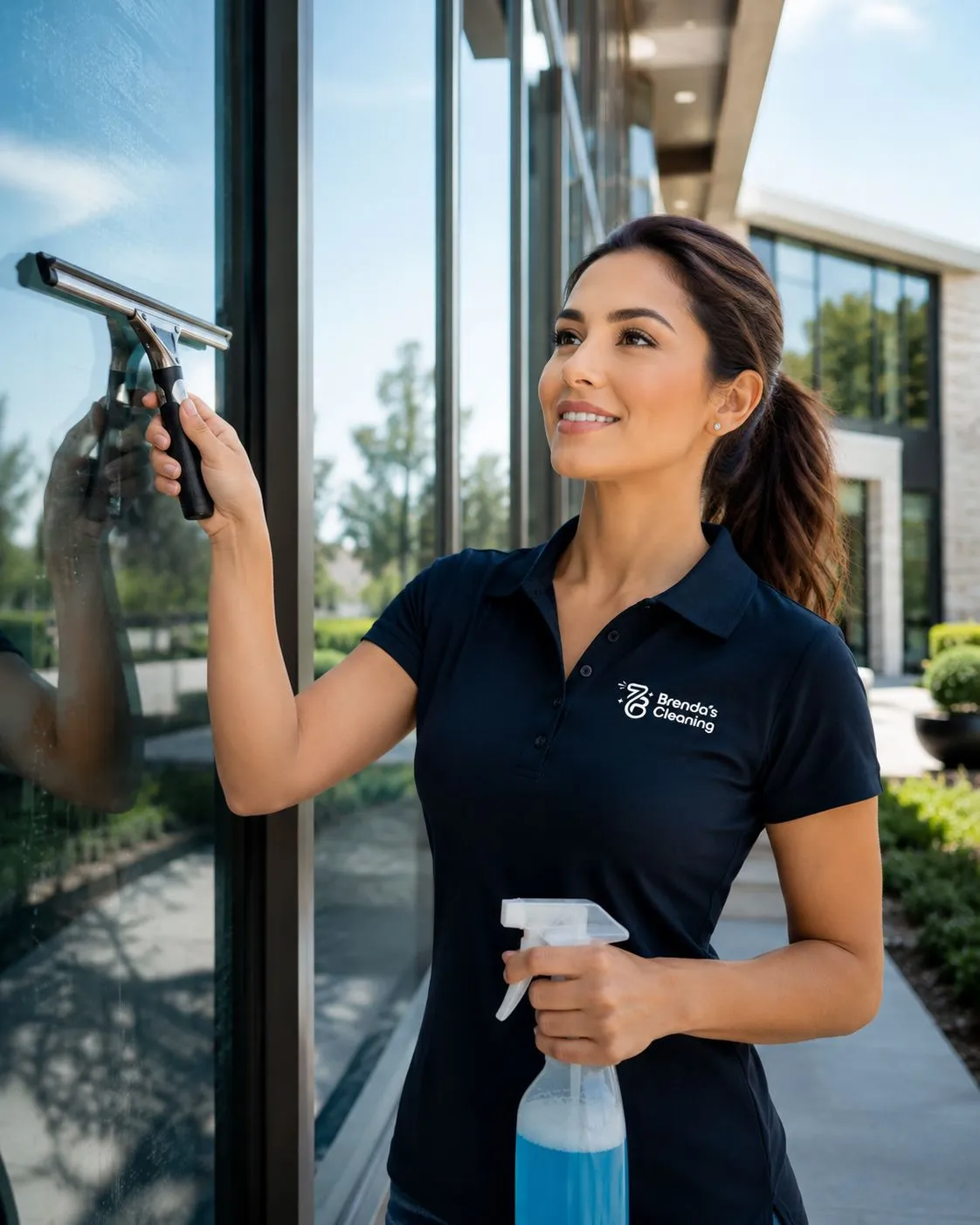 A smiling professional residential cleaning specialist with Brenda's Cleaning service wiping down and polishing a wide stainless steel kitchen refrigerator door with a blue microfiber cloth. She is holding a branded Brenda's Cleaning "Stainless Steel Cleaner & Polish" spray bottle while performing detailed residential maid services. Dressed in a company-branded navy blue uniform polo shirt, matching baseball cap, branded black apron, and blue protective nitrile gloves, she highlights meticulous home housekeeping and kitchen surface detailing. The bright background showcases an elegant modern kitchen interior with white custom cabinetry and quartz countertops, highlighting premium local home cleaning and kitchen sanitizing services across Keller and Southlake, Texas.