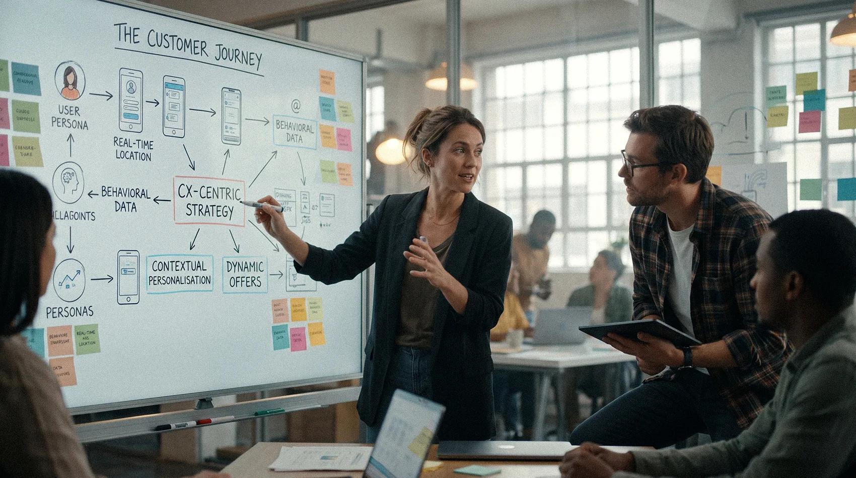 Woman presenting The Customer Journey whiteboard with CX-Centric Strategy contextual personalisation and behavioral data map