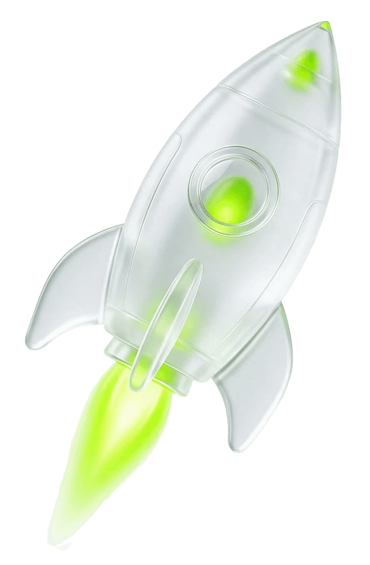 Frosted-glass rocket with a green flame trail — Website Launch service icon