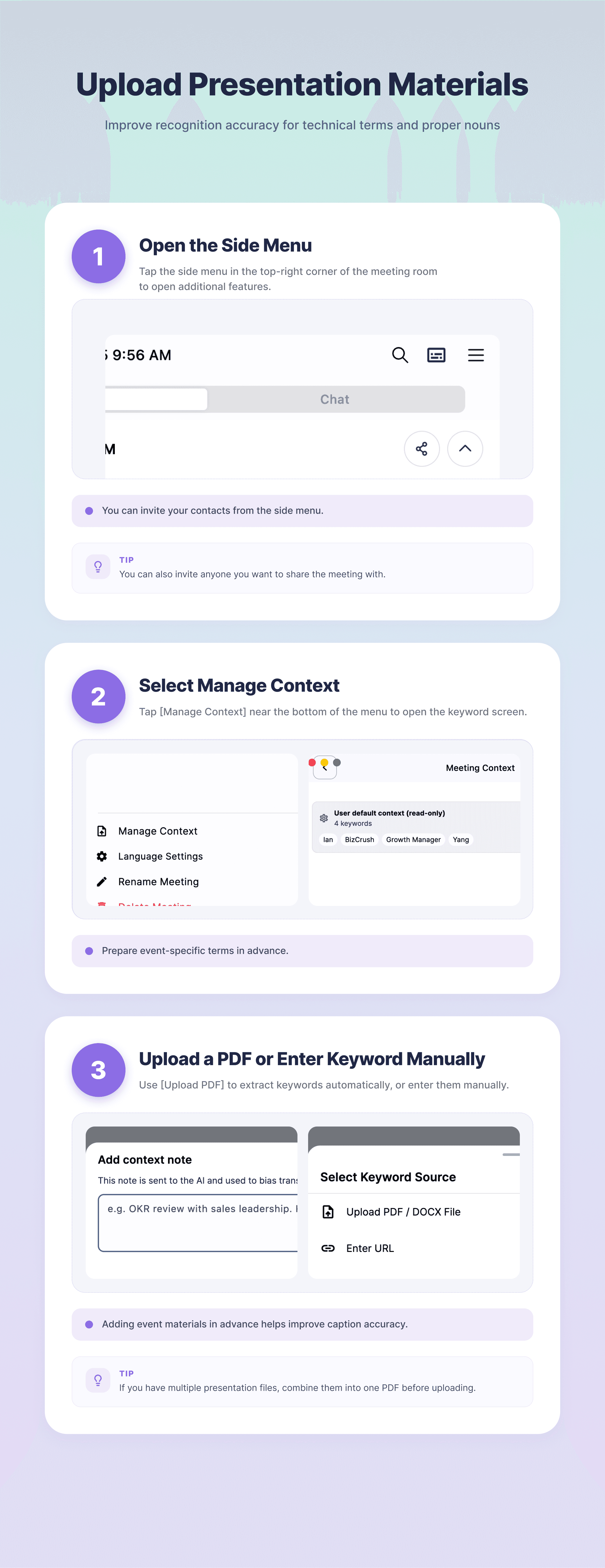 IMAGE 3 — Upload Presentation Materials: 3-step infographic showing (1) Open the Side Menu, (2) Select Manage Context, (3) Upload a PDF/DOCX File or Enter Keywords Manually