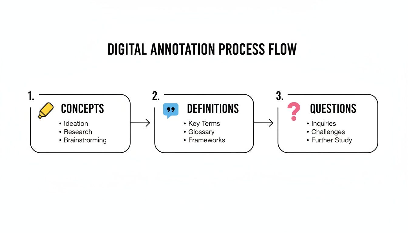 A digital annotation process flow diagram showing three steps: concepts, definitions, and questions, with sub-points.