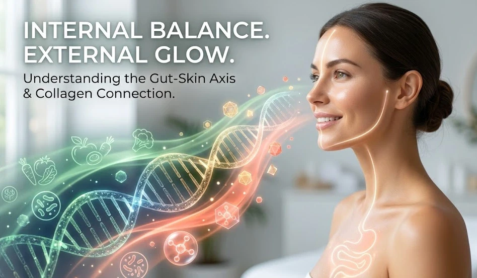 Diagram showing the connection between gut health, collagen synthesis, and facial skin glow for internal beauty.