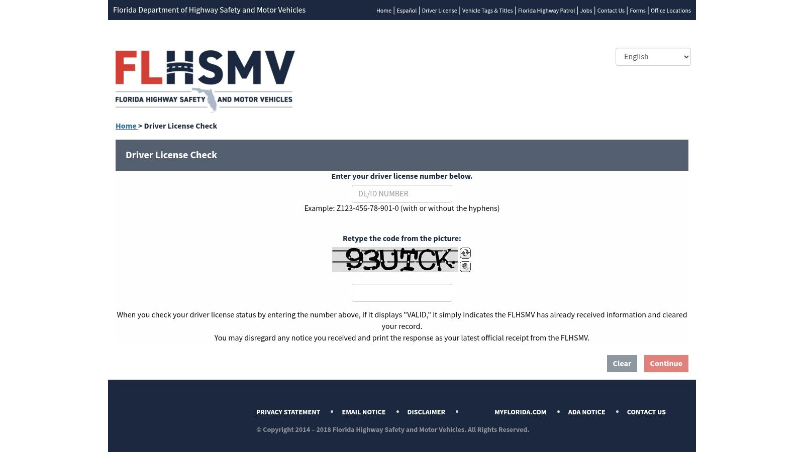 A screenshot of the official Florida Highway Safety and Motor Vehicles (FLHSMV) online driver license check portal.