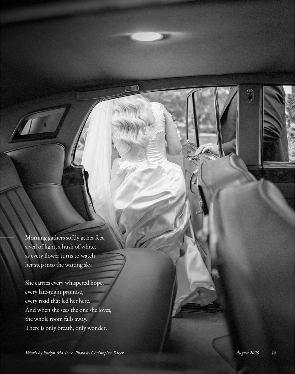 Black-and-white wedding editorial showing a bride in a satin gown stepping out of a vintage car, accompanied by a romantic poem.