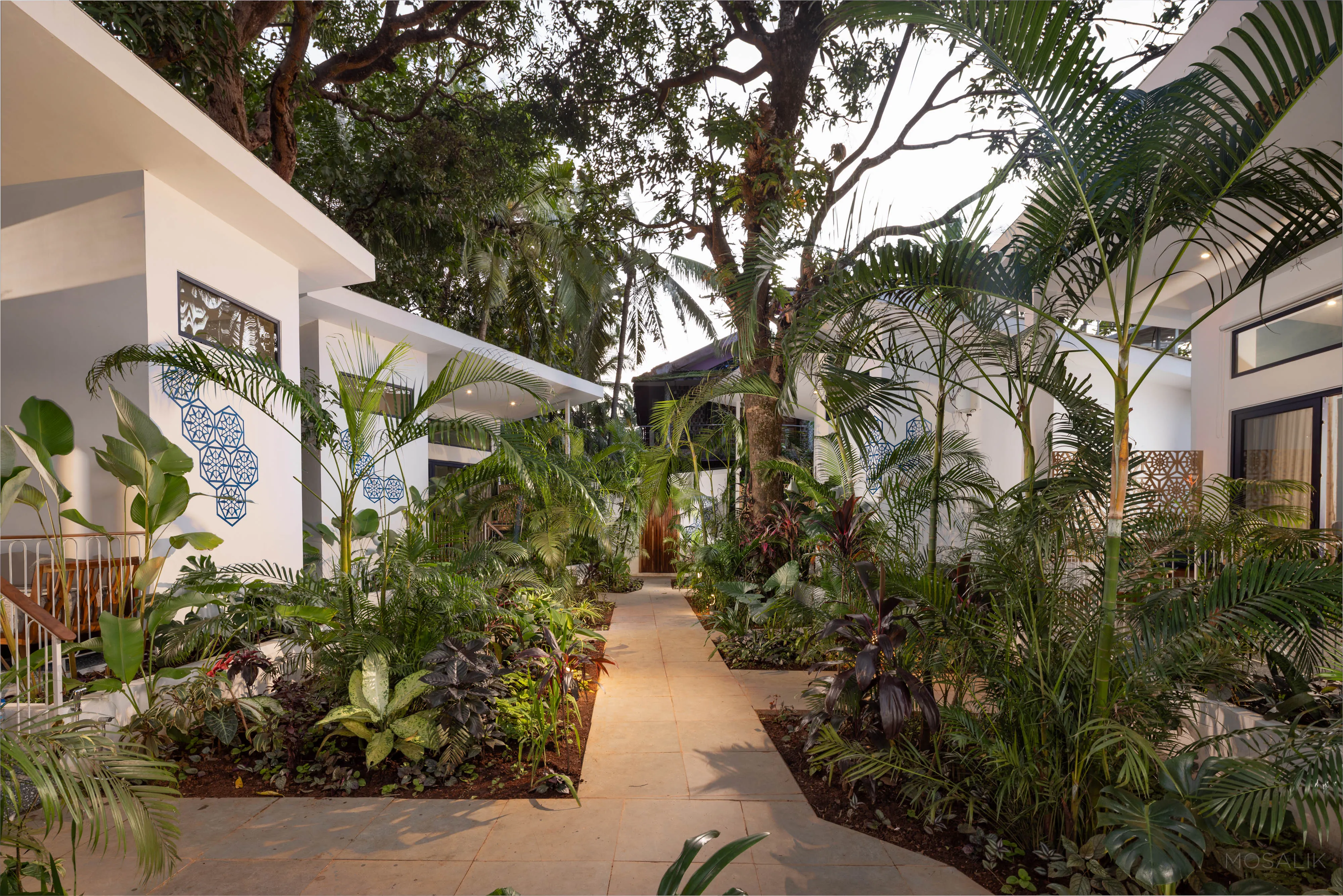 Shaded garden path between rooms under old trees at Jaali Blue