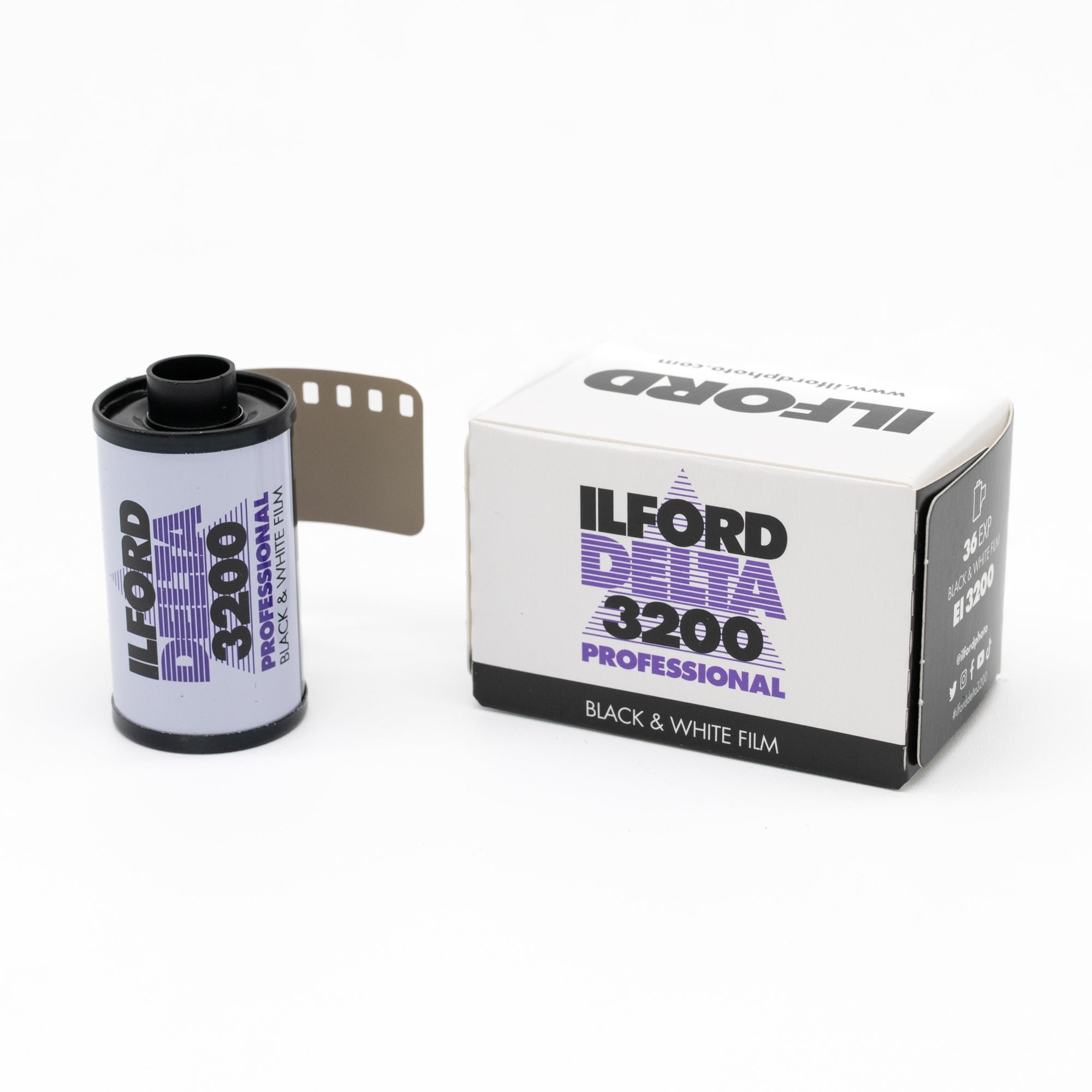 Ilford Delta 3200 black and white film canister and packaging