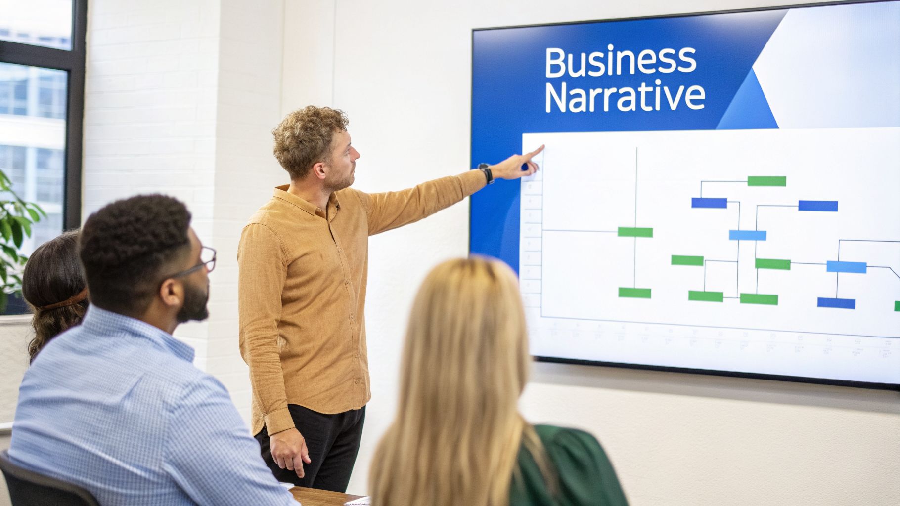A man presents a business narrative chart on a large screen to an attentive audience.