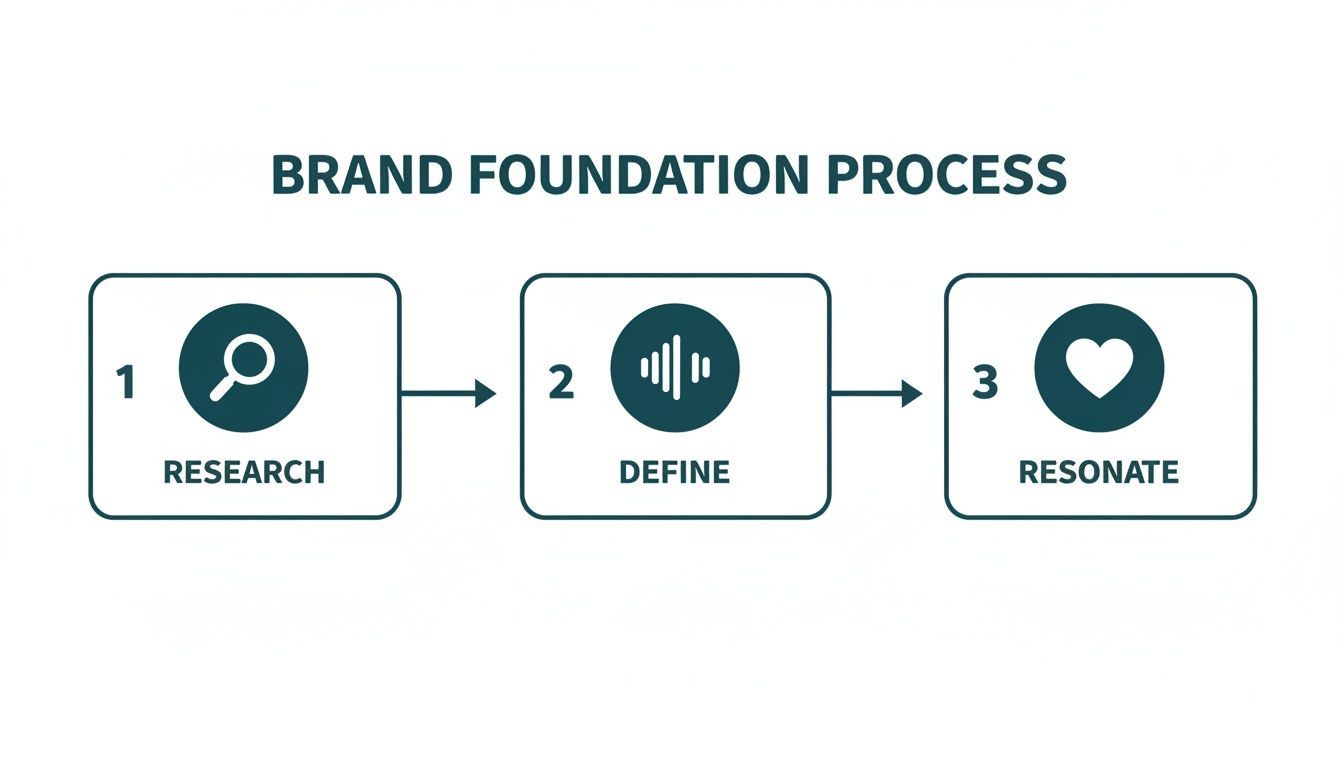A diagram illustrating the 3-step Brand Foundation Process: Research, Define, and Resonate.