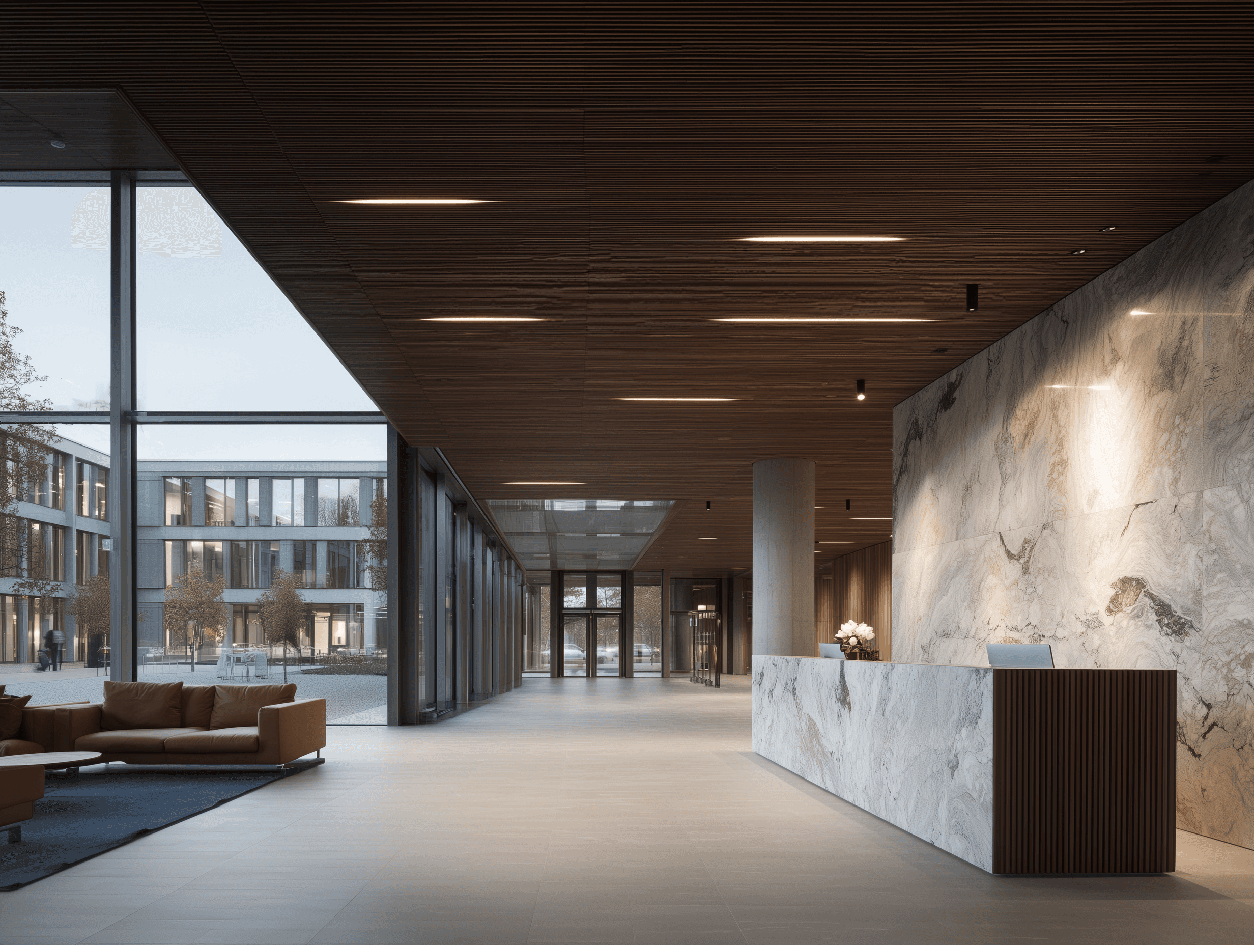 Close-up of a brick building facade with deep-set windows and small balconies filled with green plants.