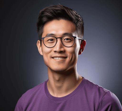 Clean, professional headshot of a young East Asian man with short neat dark hair and black-framed glasses, giving a friendly smile; soft diffused lighting against a dark gray background, wearing a solid purple crew-neck t-shirt, calm and approachable expression.