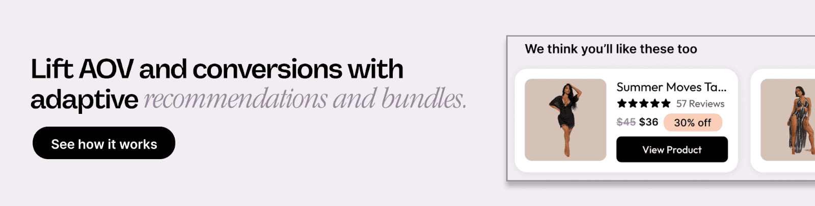 A banner promoting adaptive recommendations and product bundles. It shows a product card layout emphasizing how adaptive recommendations help lift AOV and conversions.