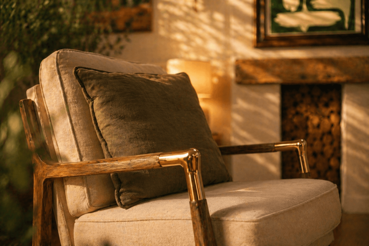 omfortable podcast recording studio with armchairs, microphones, warm lighting and modern interior design