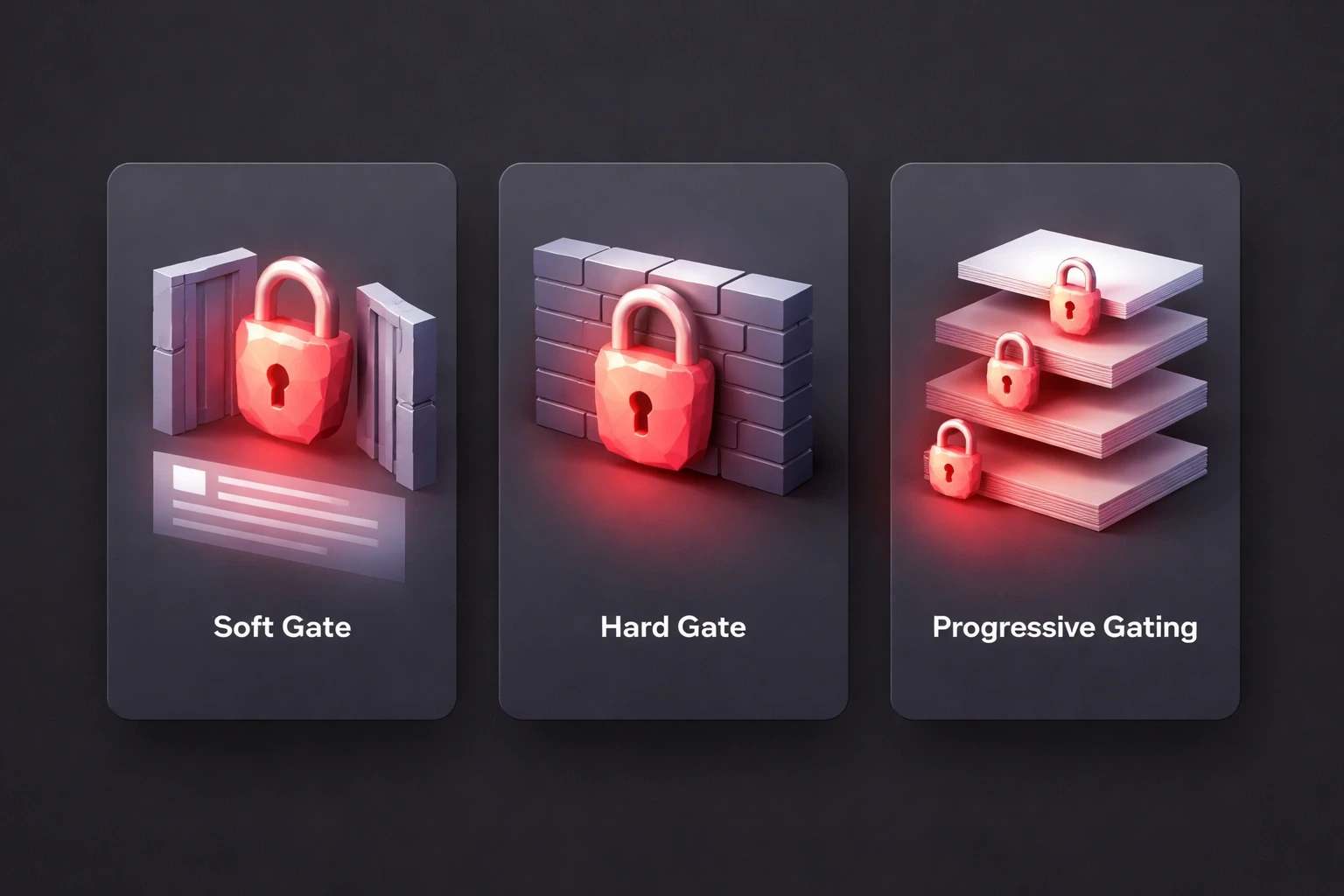 Three isometric low‑poly cards on a dark background comparing soft gate, hard gate, and progressive gating, using accent color highlights and semi‑3D geometric style.