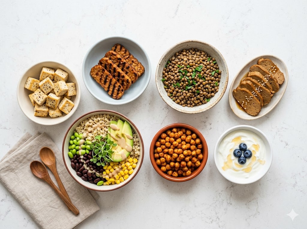 A top-down photograph of a healthy plant-based meal spread on a white marble table, featuring bowls of tofu, tempeh, lentils, seitan, chickpeas, a quinoa Buddha bowl with avocado, and Greek yogurt with blueberries.