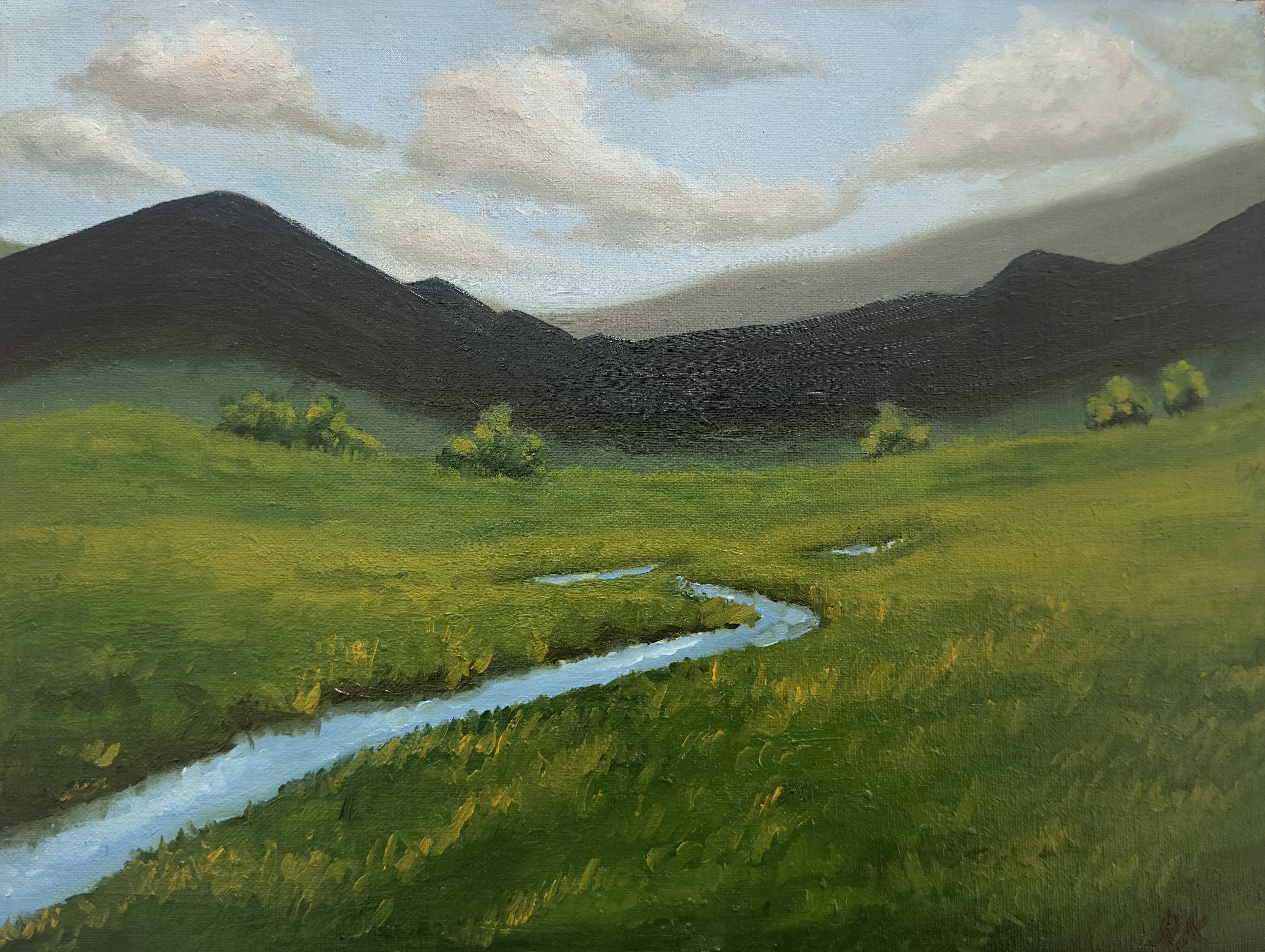 oil painting of a green landscape, a river disecting it, and a range of mountains behind.