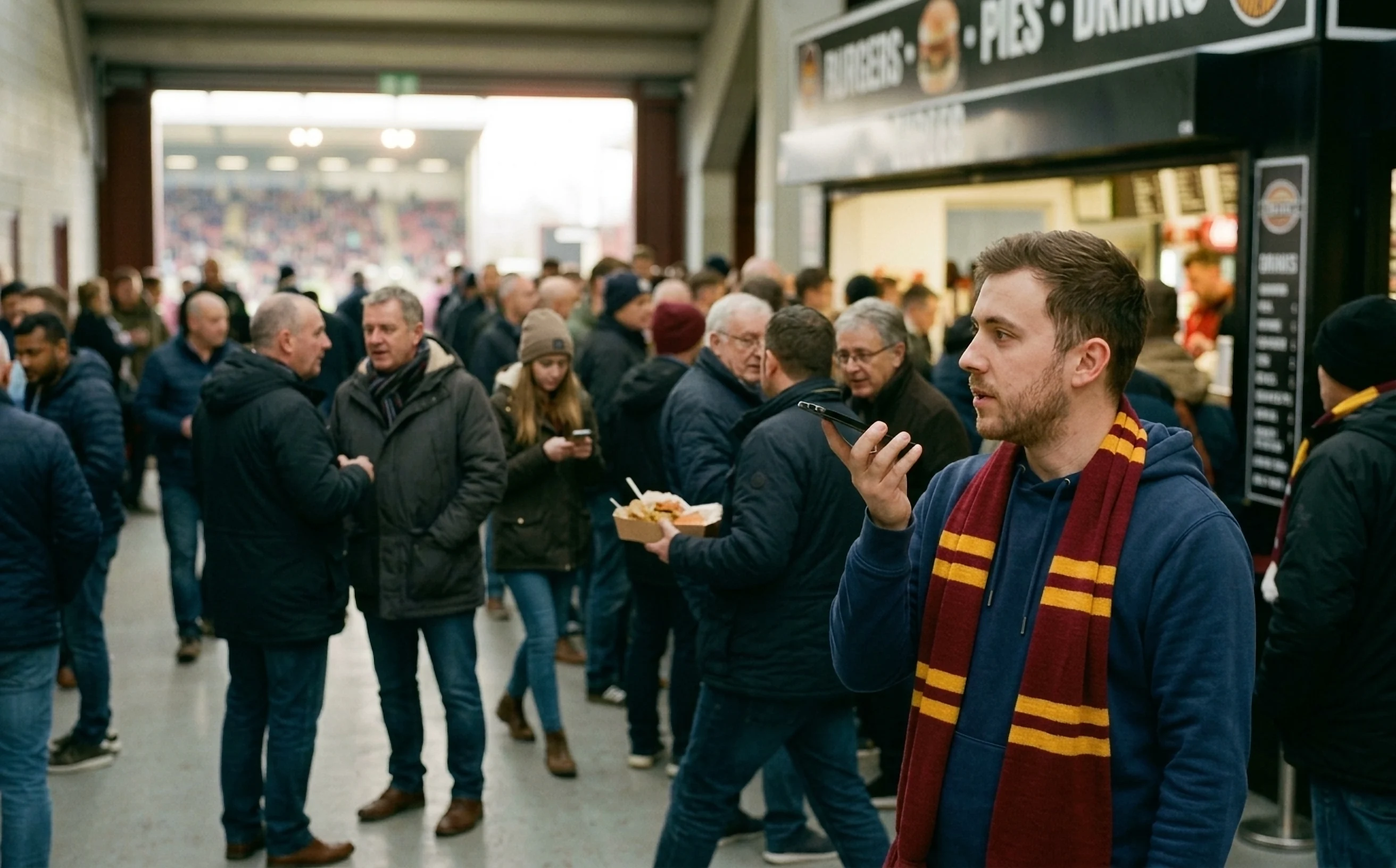 A football fan on a stadium concourse records a voice note about the queue at the food kiosk.