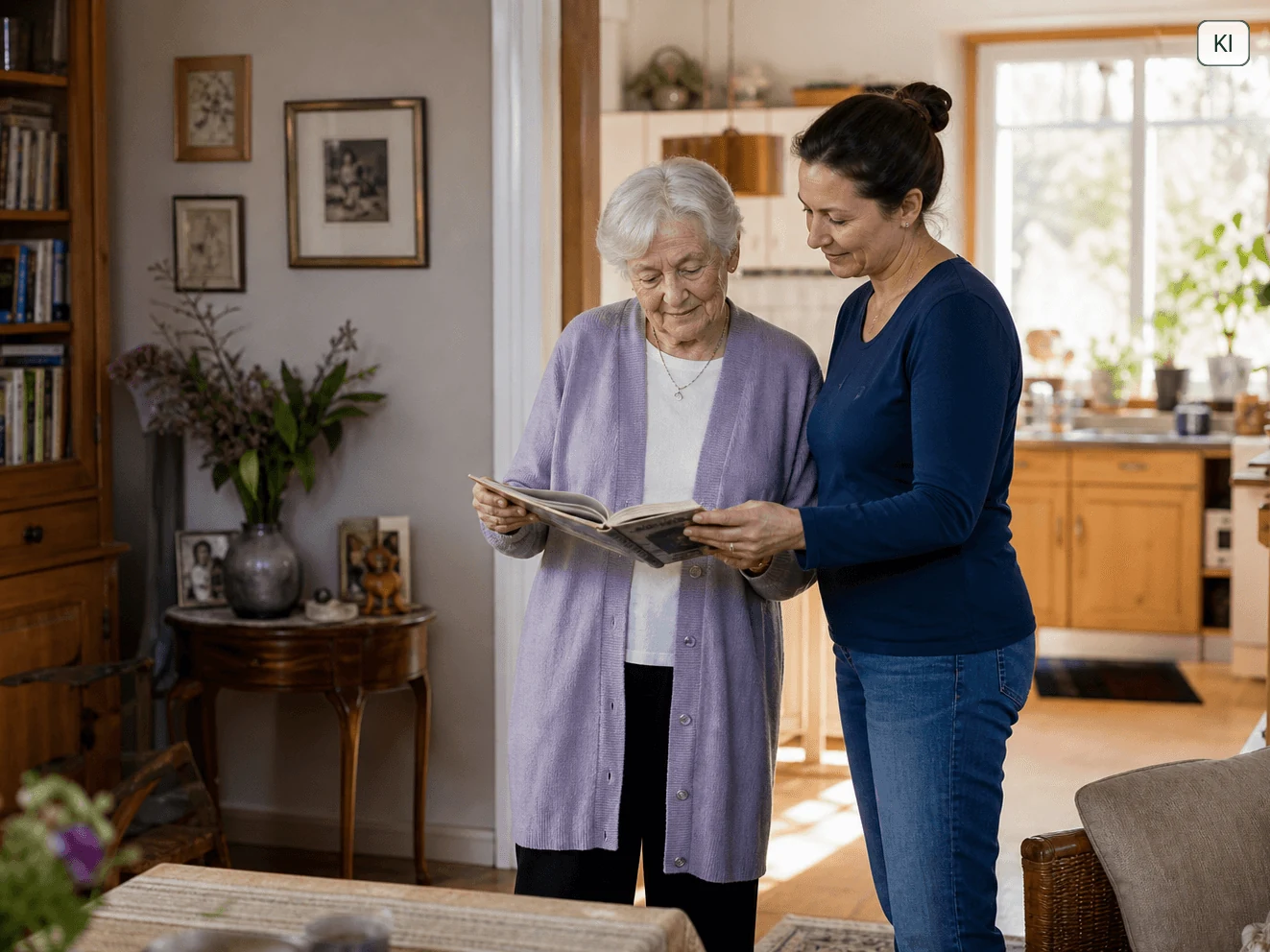 Eine Seniorin und ihre Betreuungskraft erleben einen positiven Alltag zu Hause.