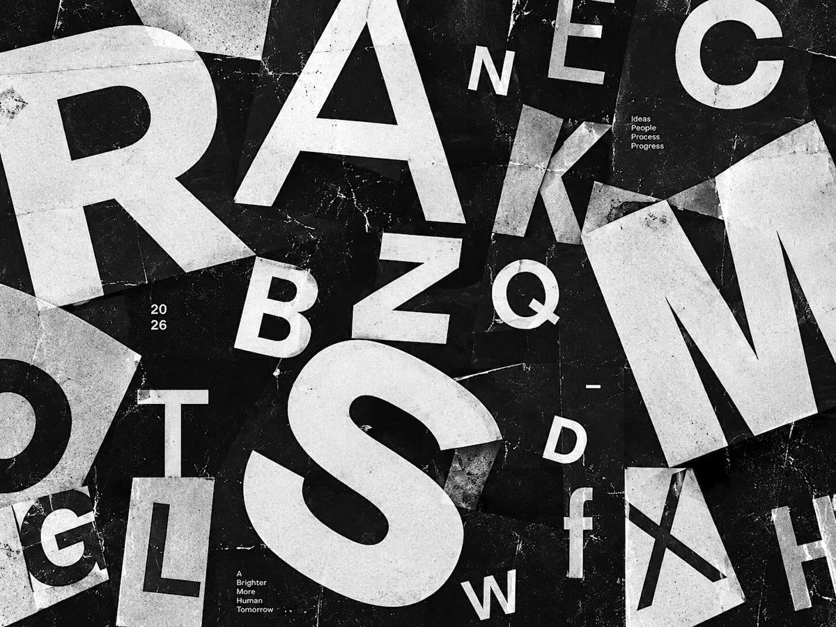 High-contrast black-and-white collage of oversized, overlapping letters and typography fragments on a distressed textured background.