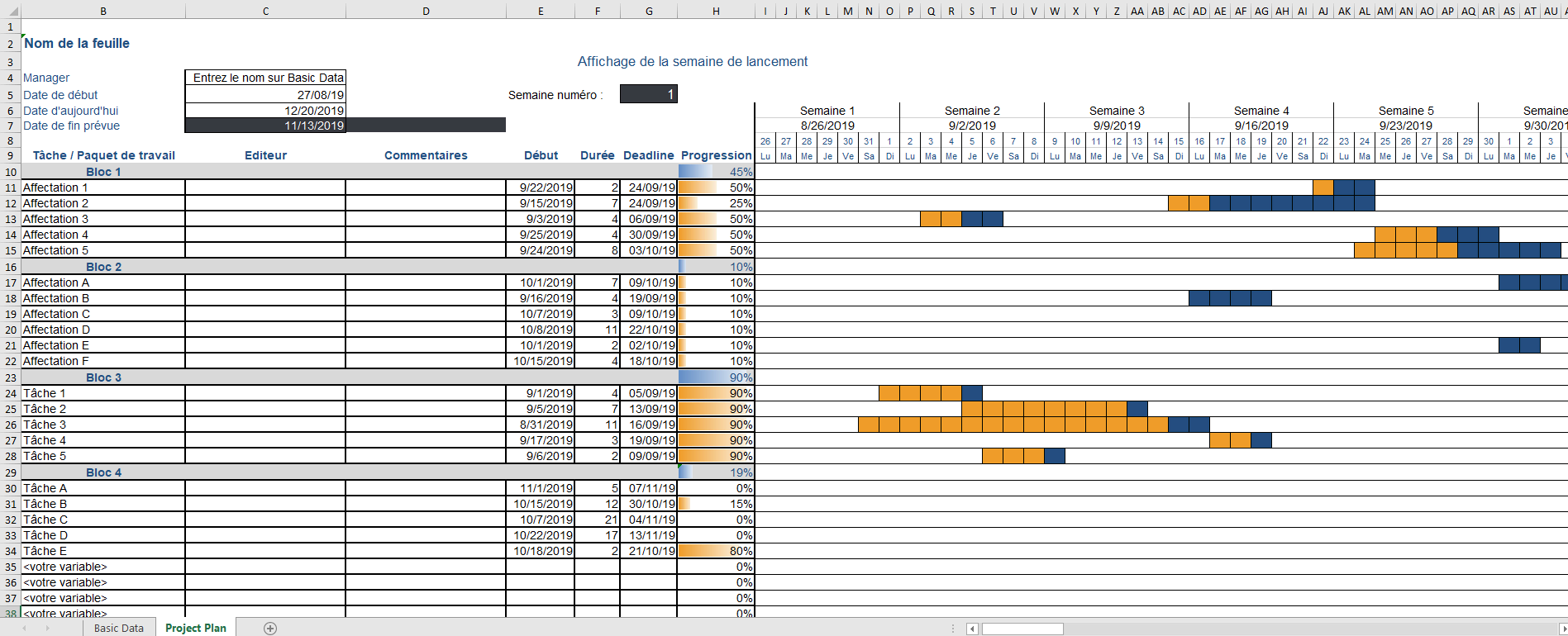 planning de gantt pour suivi de chantier avec Excel