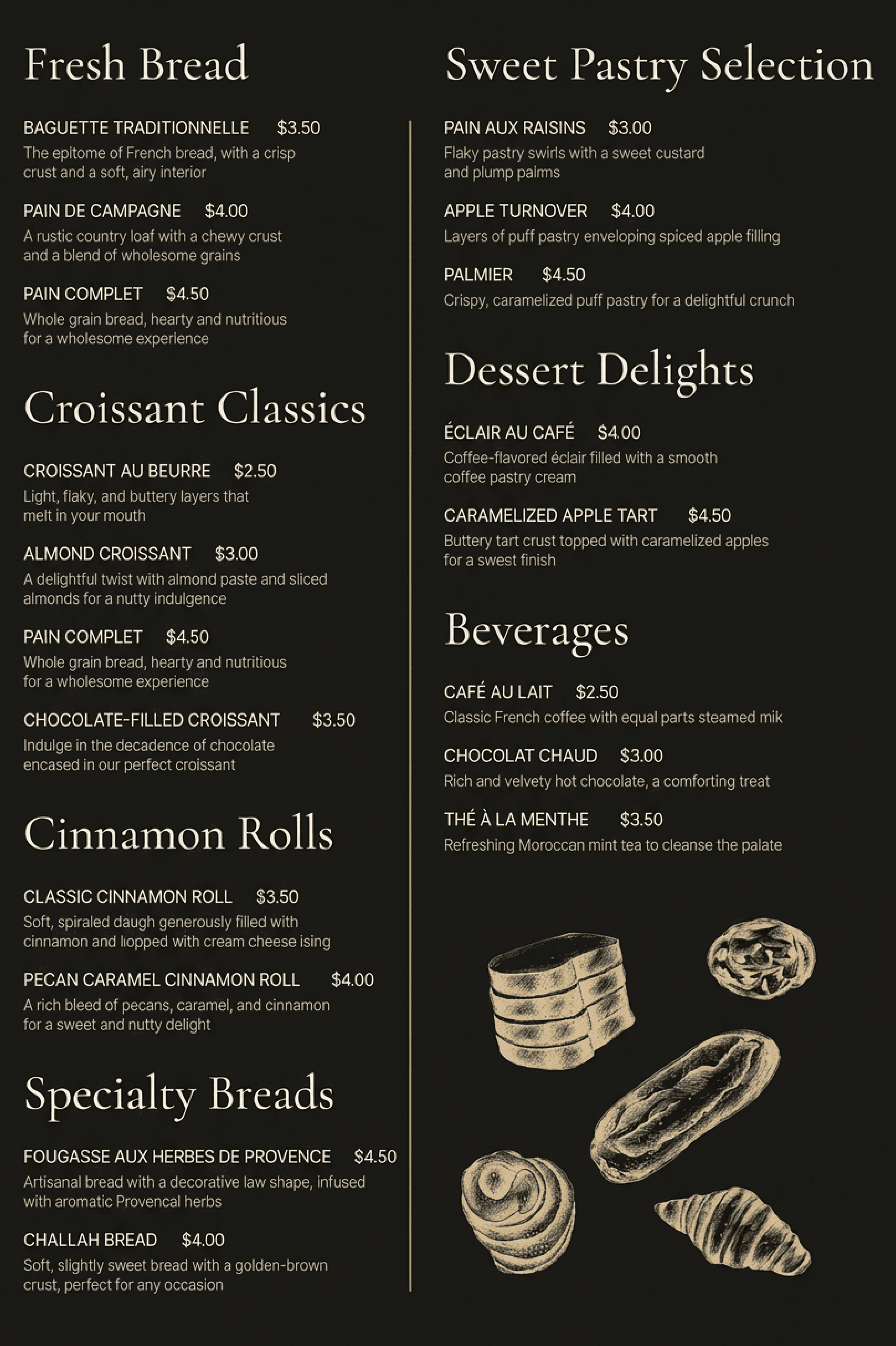 Full menu of sourdough pastries and loaves