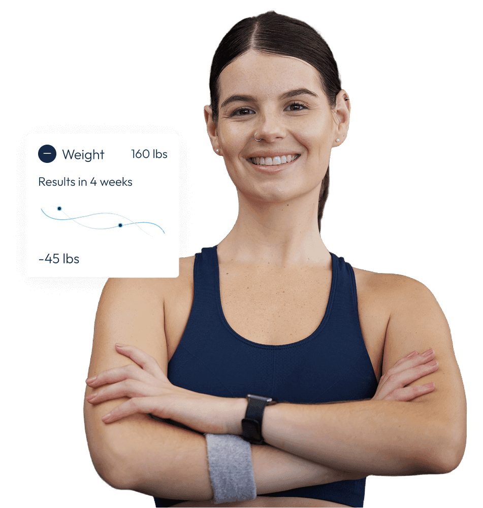 A woman with an illustration of his health metrics improvement