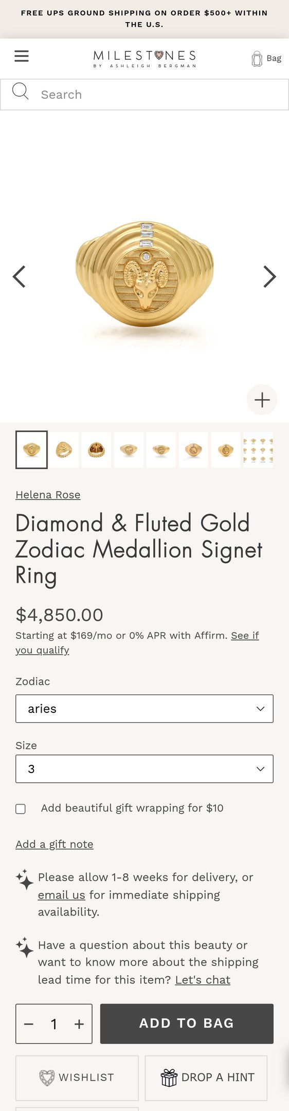 Jewelry product options include: ring for Diamond & Fluted Gold Zodiac Medallion Signet Ring from Milestones by Ashleigh Bergman.