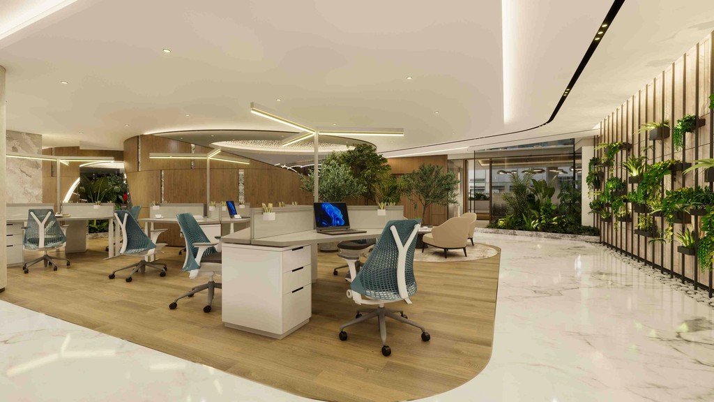 Contemporary hot desk and meeting area in Dubai with natural elements and green design
