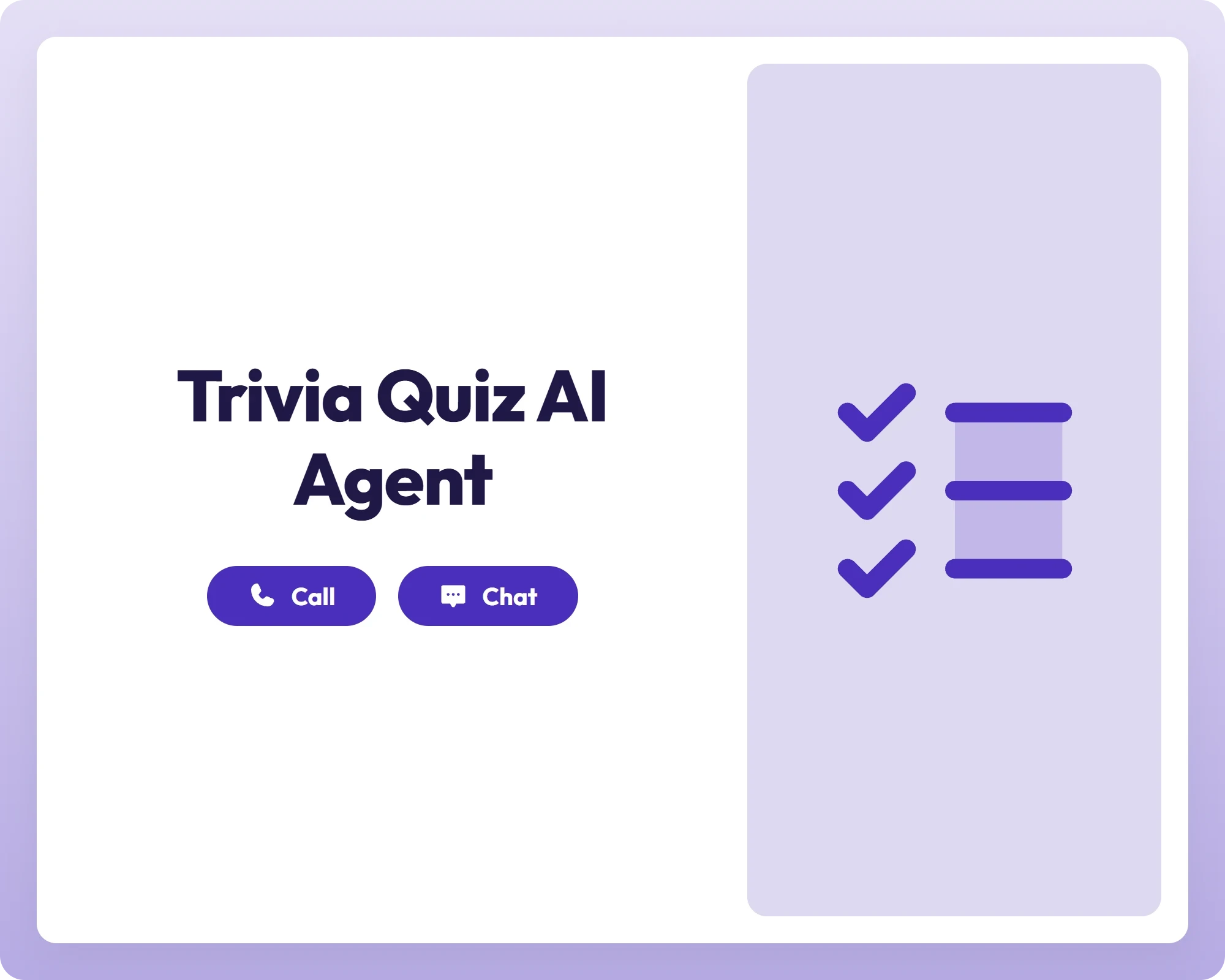 trivia quiz ai agent supporting call and chat with a checklist panel for organized quiz management