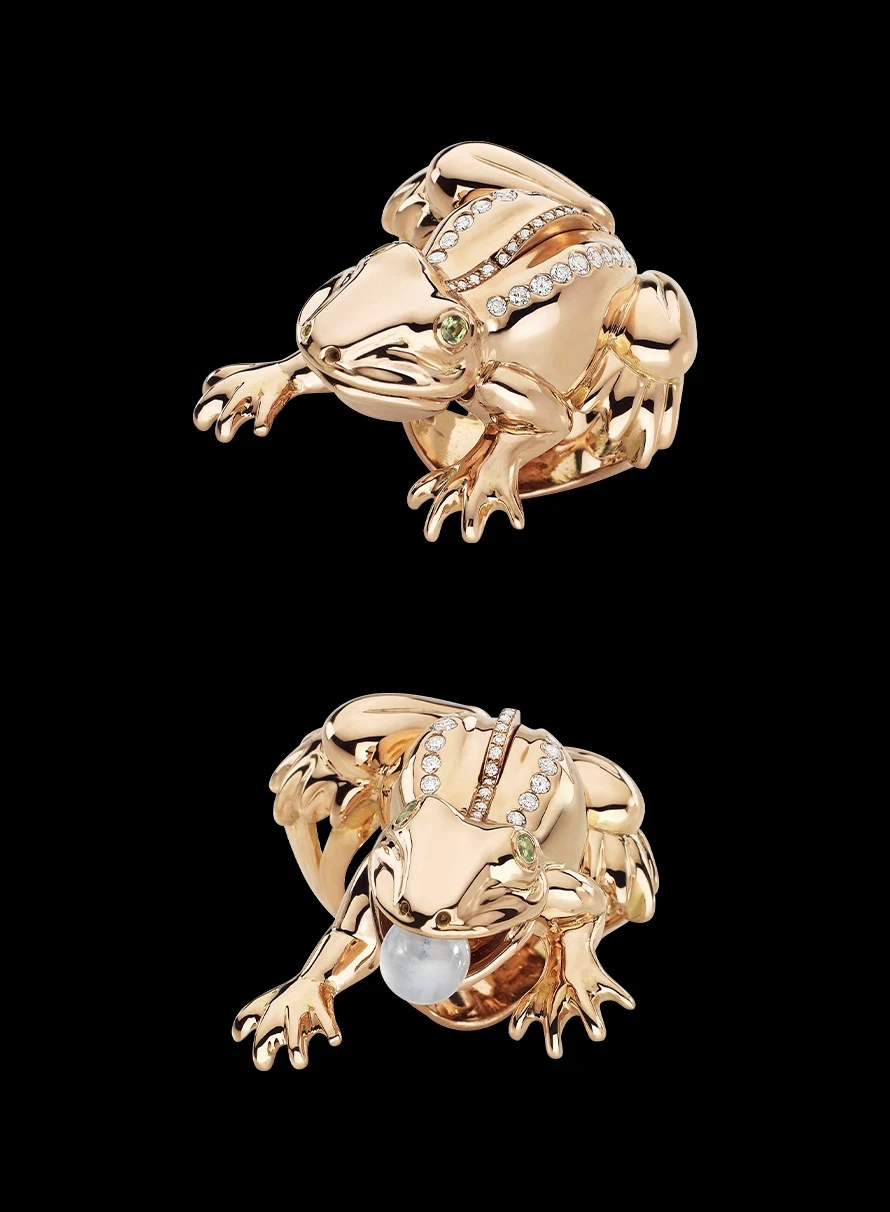 Bague mécanique Crapaud Maison Édéenne en or et jade
