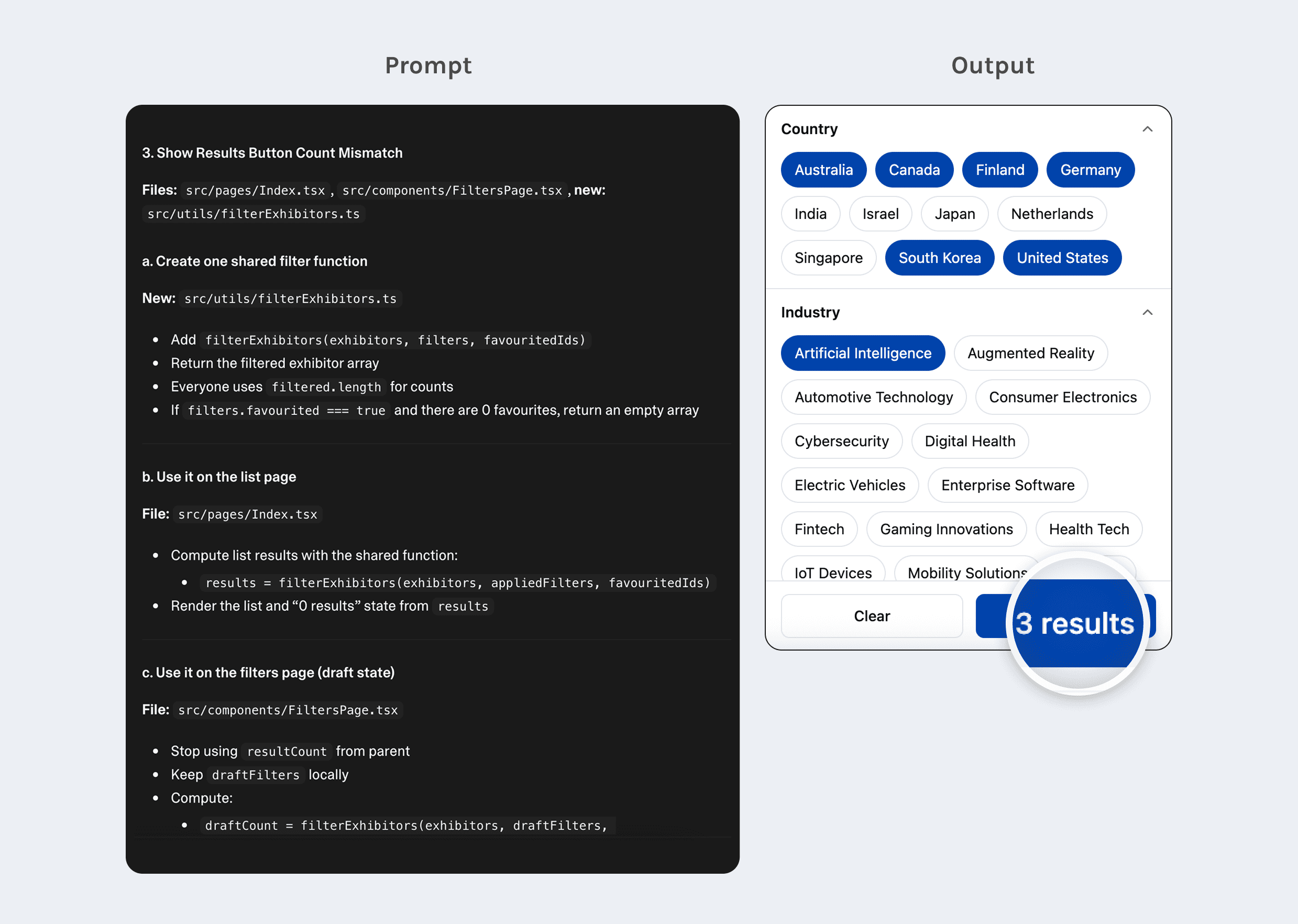 Prompt defining interaction behavior and the resulting UI showing the interaction applied within the screen.