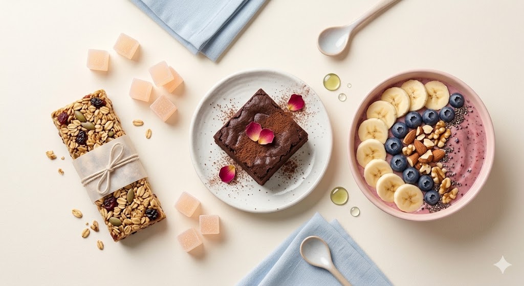 A visually appealing flat lay of a healthy breakfast spread on a beige background. It features an açaí smoothie bowl topped with banana slices, blueberries, walnuts, and almonds; a square chocolate brownie on a plate with edible rose petals; a granola bar wrapped in parchment paper; small square Turkish delights; light blue linen napkins; and ceramic spoons. The lighting is soft and natural, emphasizing fresh ingredients and a clean aesthetic.