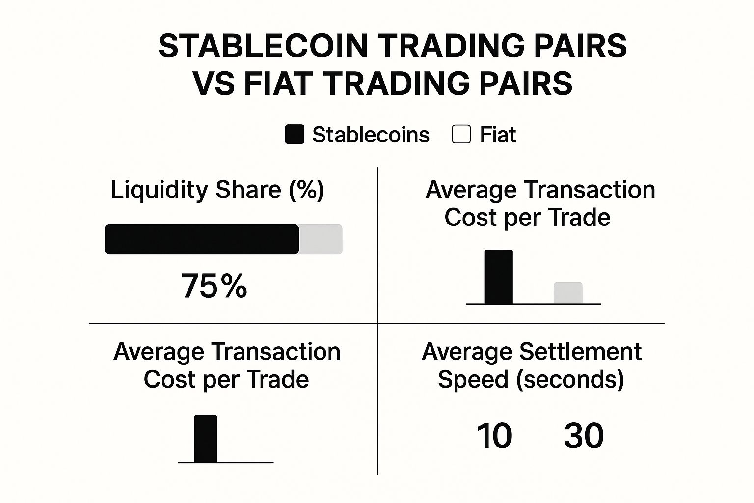 Infographic comparing Stablecoin and Fiat Trading Pairs on liquidity, transaction cost, and settlement speed.
