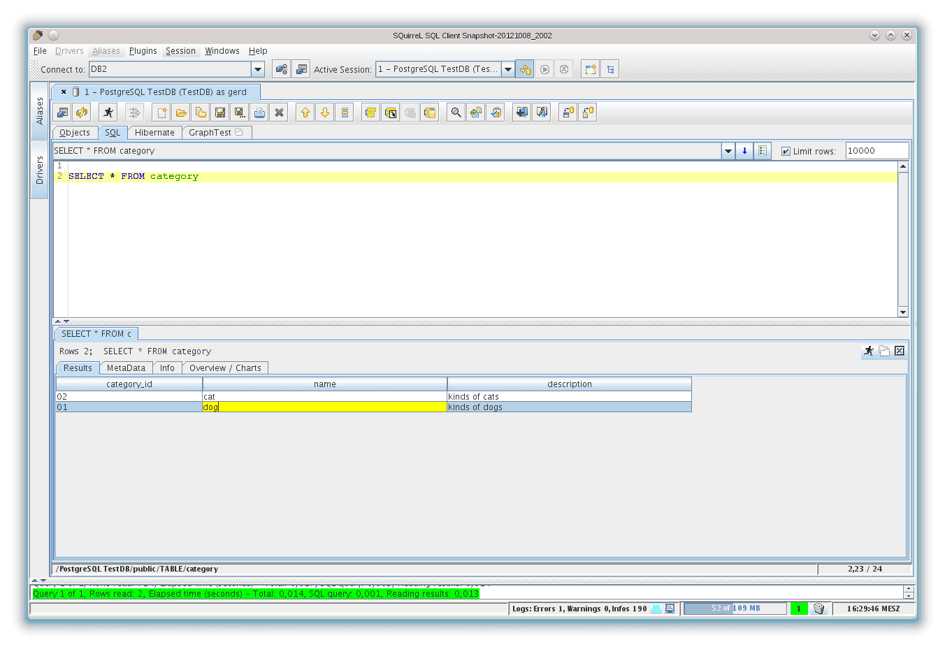 The SQuirreL SQL interface showing the result of a SQL query.