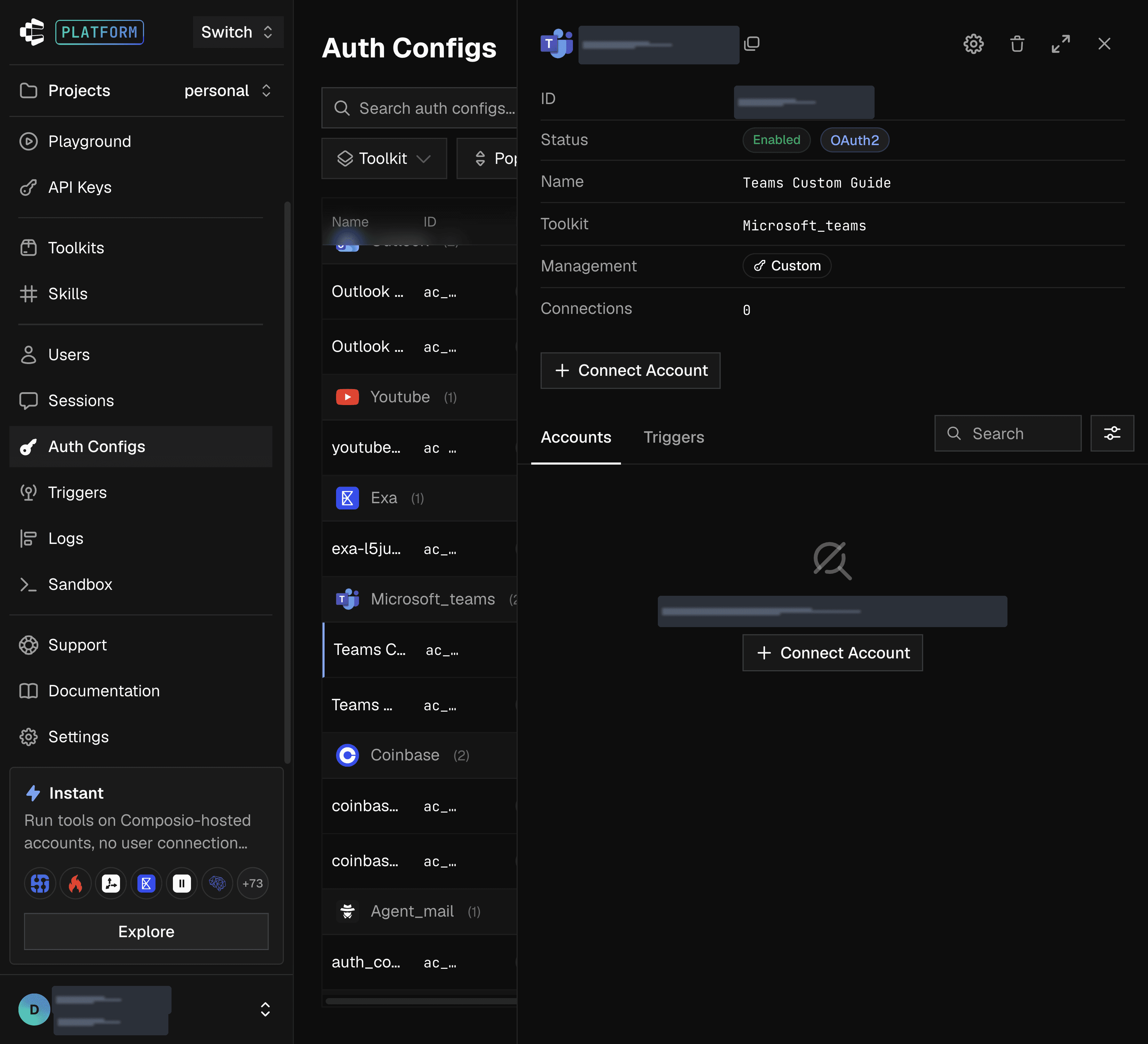 Connect Account button on the custom Microsoft Teams auth config