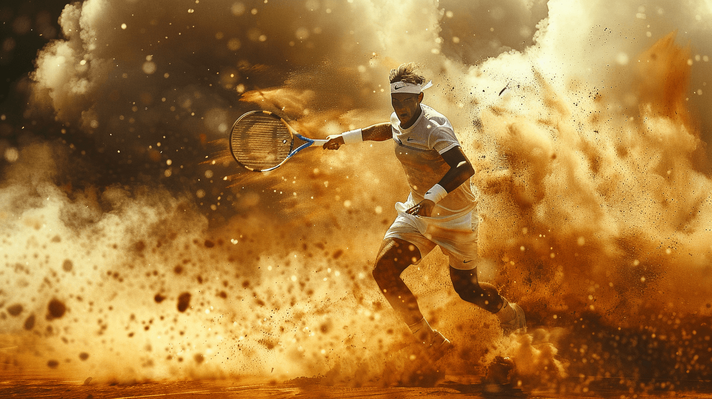 Tennis player in a clay court surrounded by dust