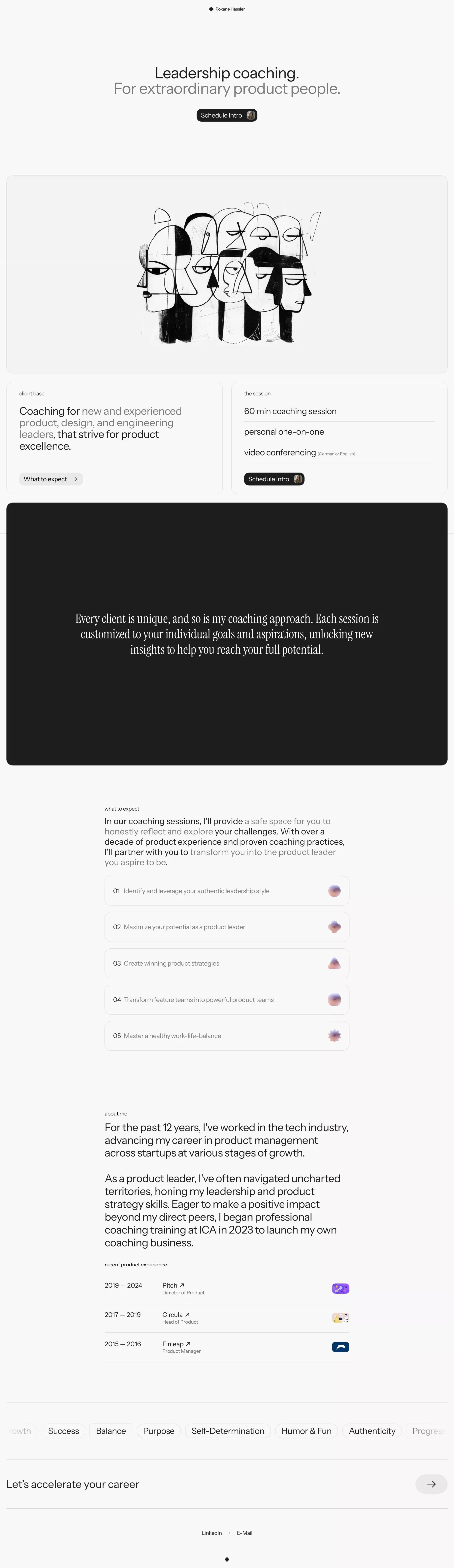 Roxane Hassler / Product Leadership Coac landing page screenshot showcasing Education design