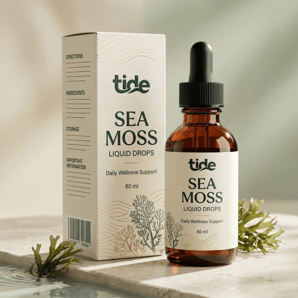 Tide Sea Moss Liquid Drops amber bottle and matching retail packaging