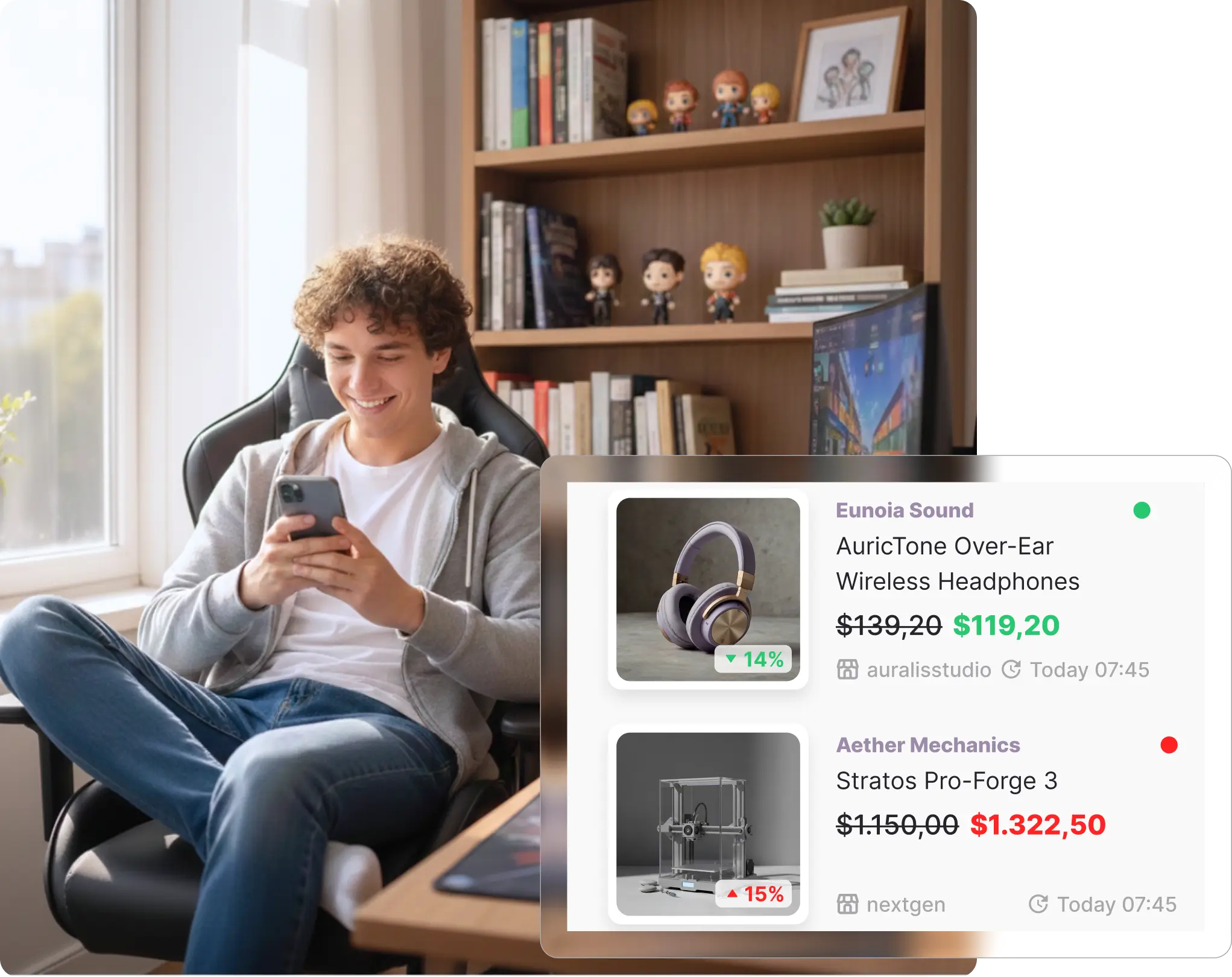 Young man checking his Whisprice wishlist on mobile, showing colour-coded price changes for tracked Australian products