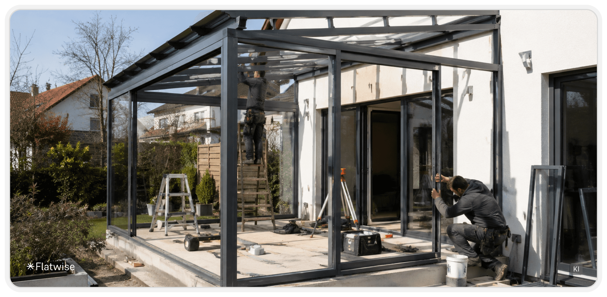 Montage eines modernen Wintergartens aus Aluminium und Glas an einem Einfamilienhaus mit Handwerkern während der Bauarbeiten, KI generiert