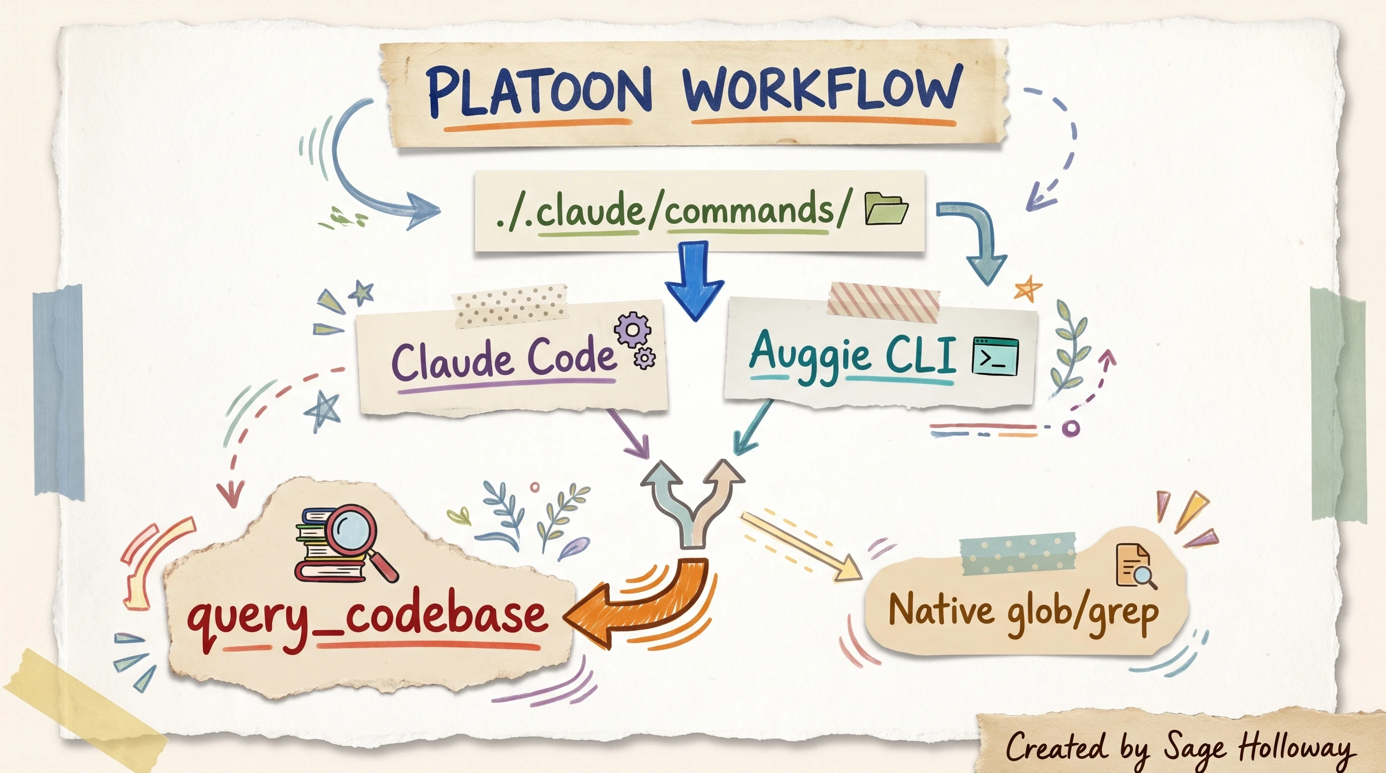 Scrapbook workflow diagram of Claude Code and Auggie sharing command schemas with query routing