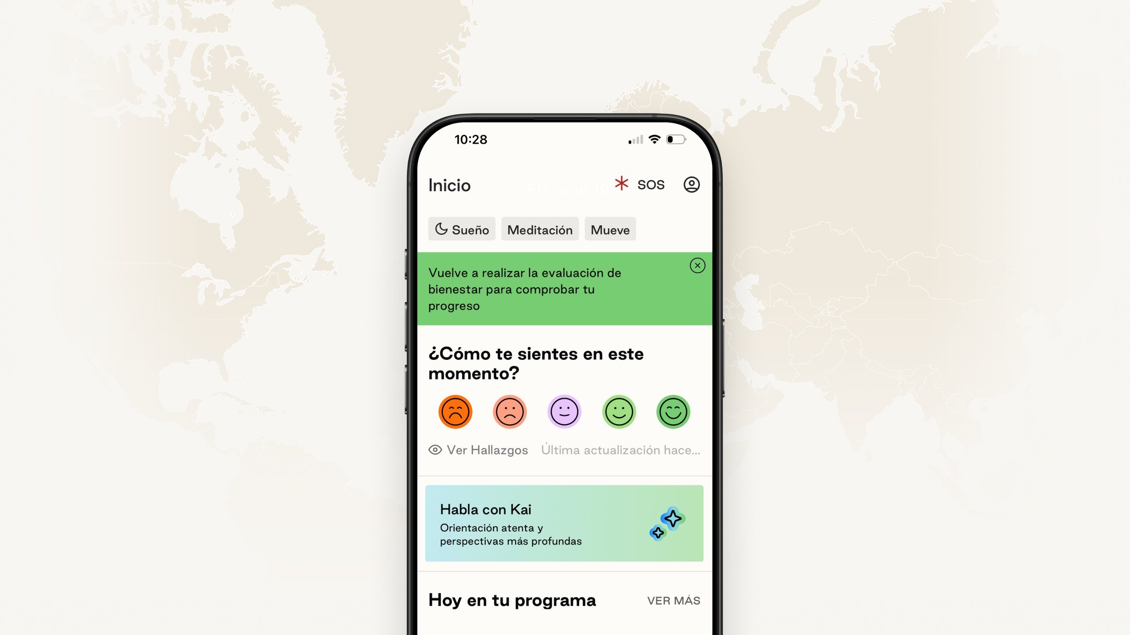 Two smartphones show app screens: language selection (Spanish, Chinese, English, German, Italian) and a Spanish wellness check-in.
