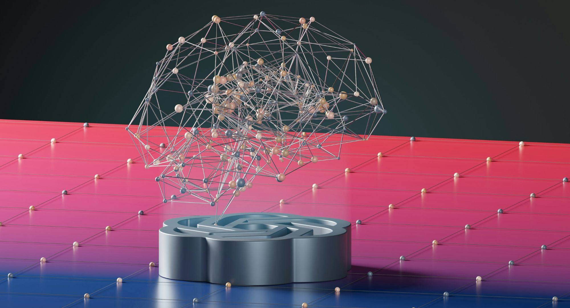 várias linhas conectadas formando um cérebro flutuando em cima da logo do ChatGPT deitada em um chão azul e rosa