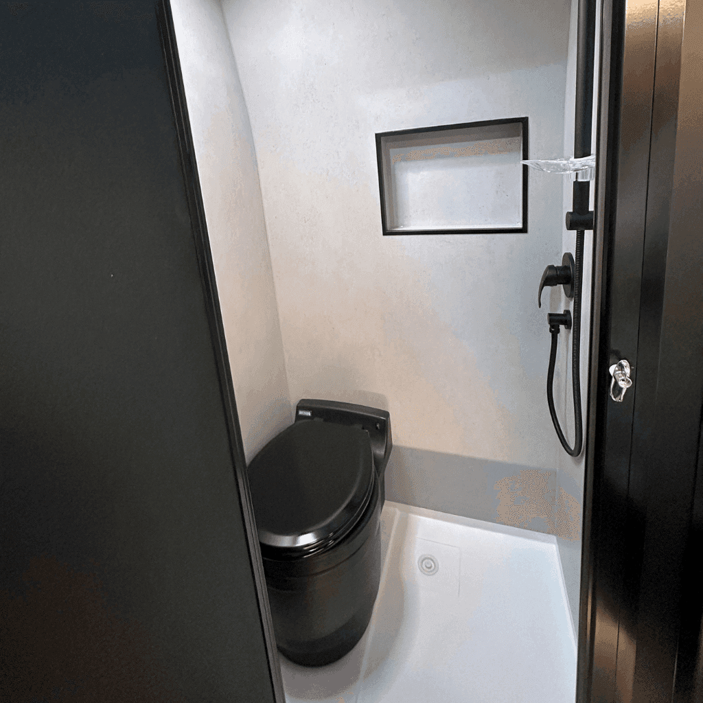 campervan ensuite with black Laveo dry flush toilet