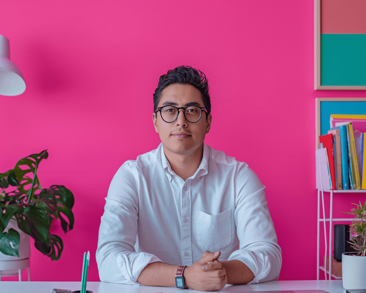 man in white dress shirt sitting in his office which has a pink background wall