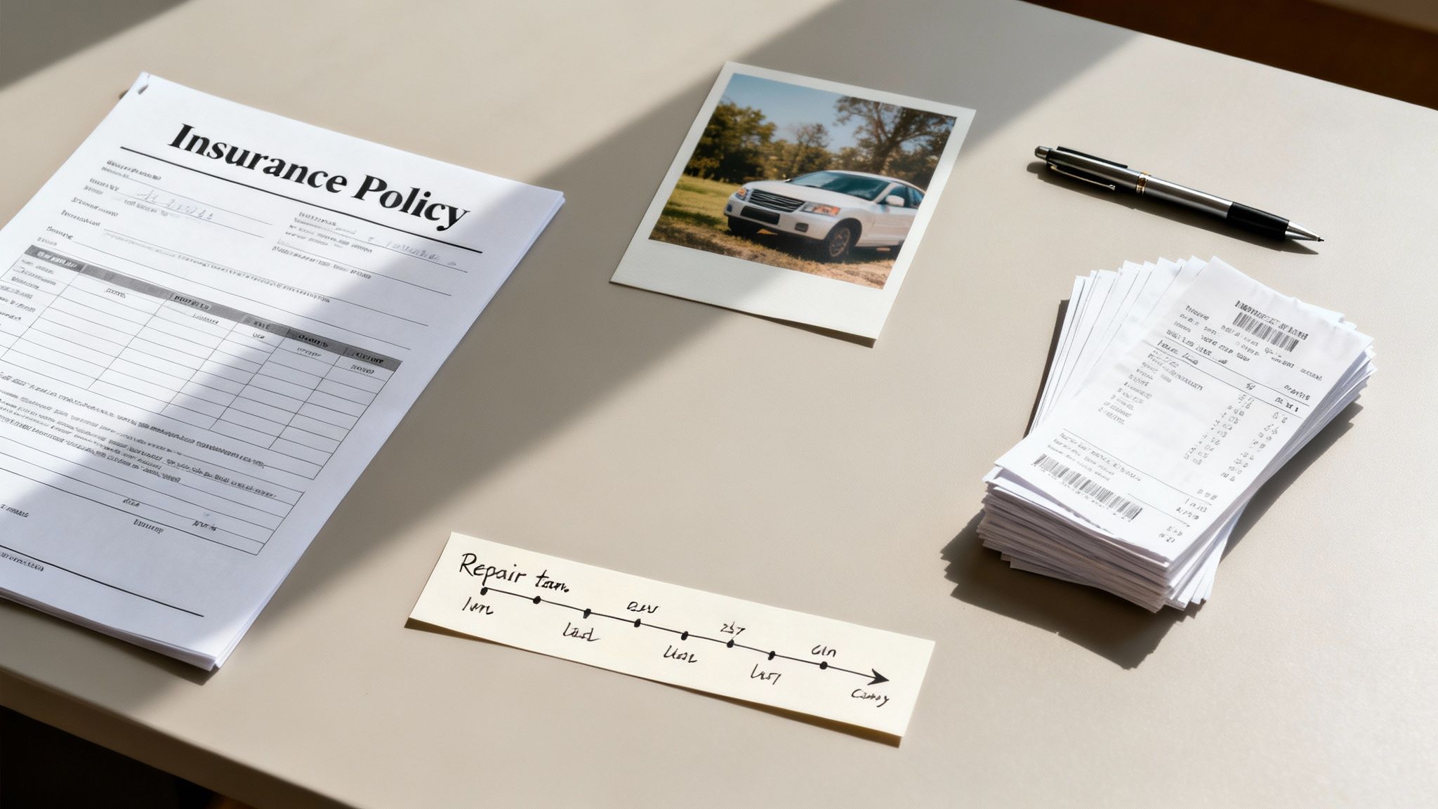 Documents for a car insurance claim including a policy, car photo, repair timeline, and receipts.