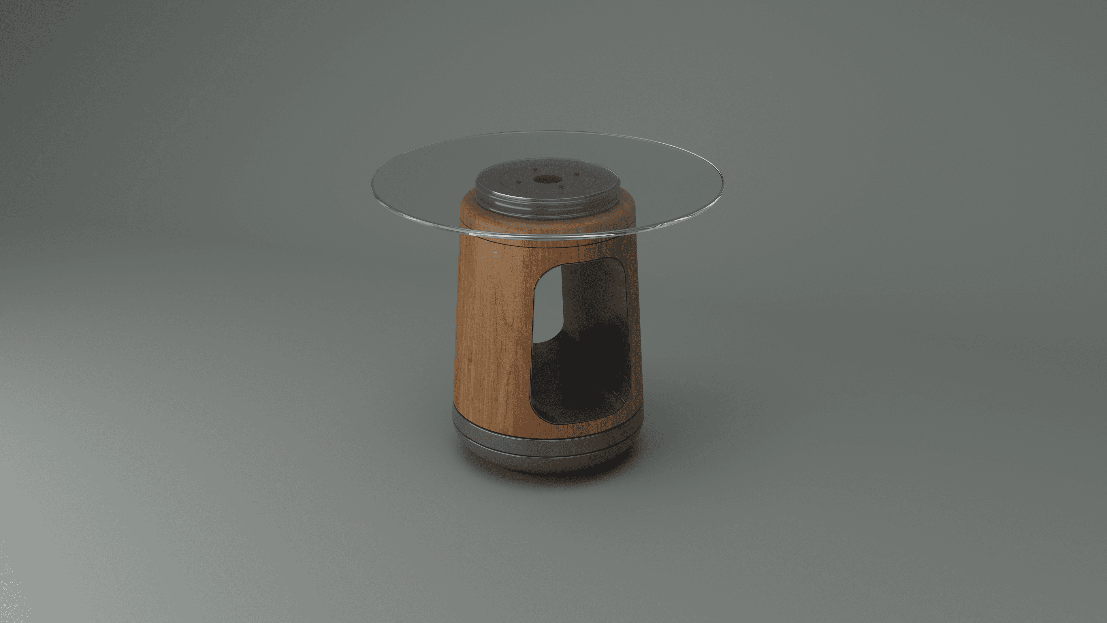 Minimal round side table design with glass top and wooden body, featuring metal details and soft modern form on a green background.