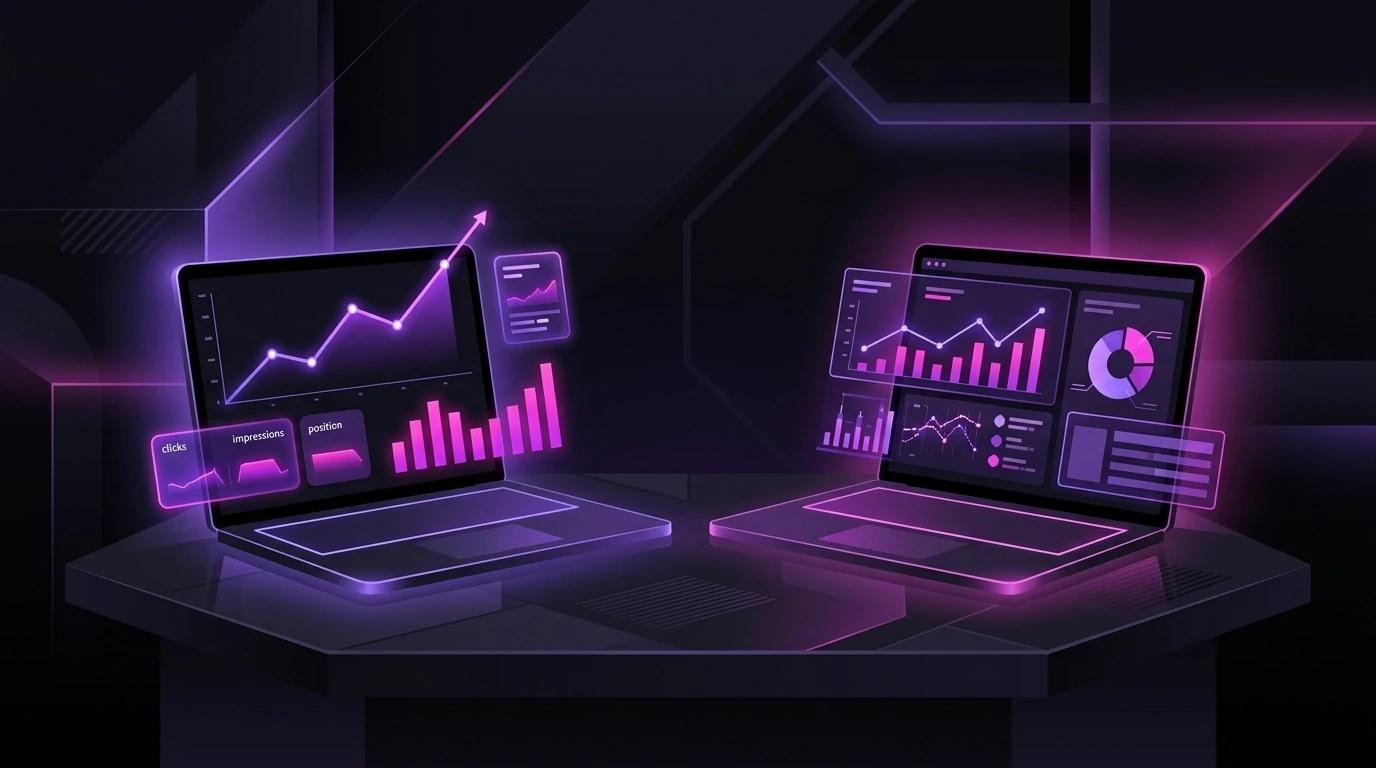 Two laptops on a professional meeting table displaying interactive SEO analytics dashboards with colorful magenta and violet charts, illustrating effective digital marketing data analysis.