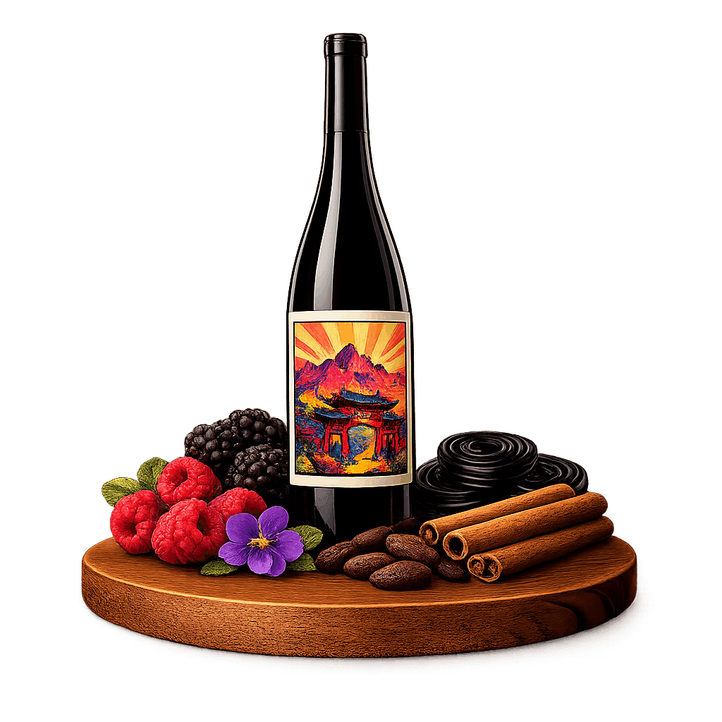 Artistic label and flavor profile for Ningxia Marselan on a rustic wooden table.