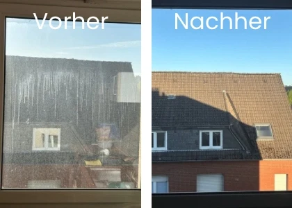 Fensterreinigung Osnabrück – Vorher-Nachher Vergleich: schmutziges und gereinigtes Fenster von CleanX Schwamm