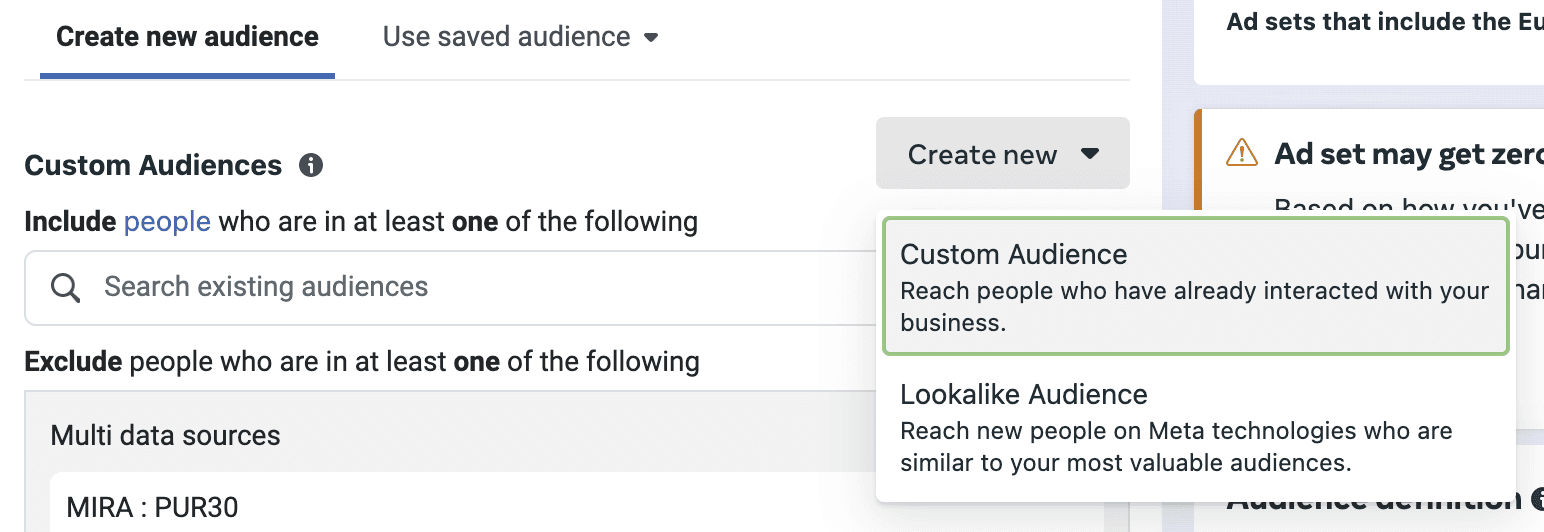 Create new audience section with Custom Audience selected in the dropdown menu